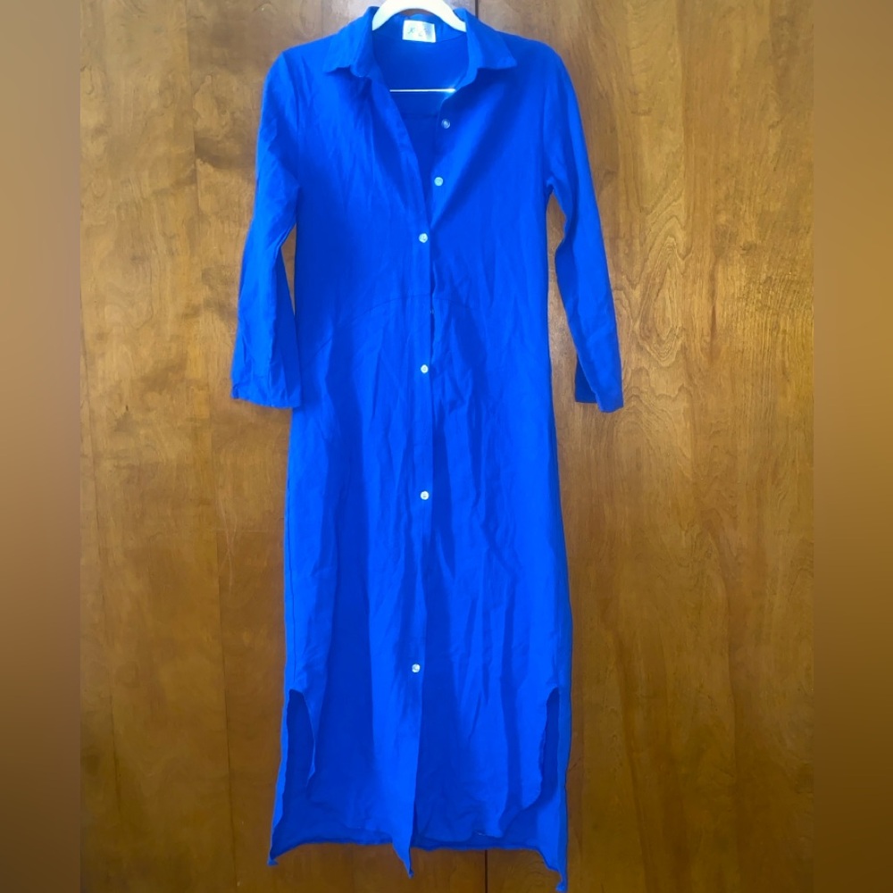 Collared Blue Button Down Shirt Dress Side Slits with Roll Tab Sleeves Size XXL